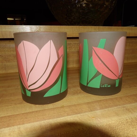 Retro La Rue Tulip Frosted tumbler glasses unique, rare pair - Picture 4 of 7